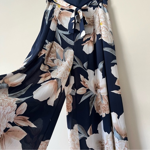Navy Floral Palazzo Pants with Tie Waist - Picture 3 of 7